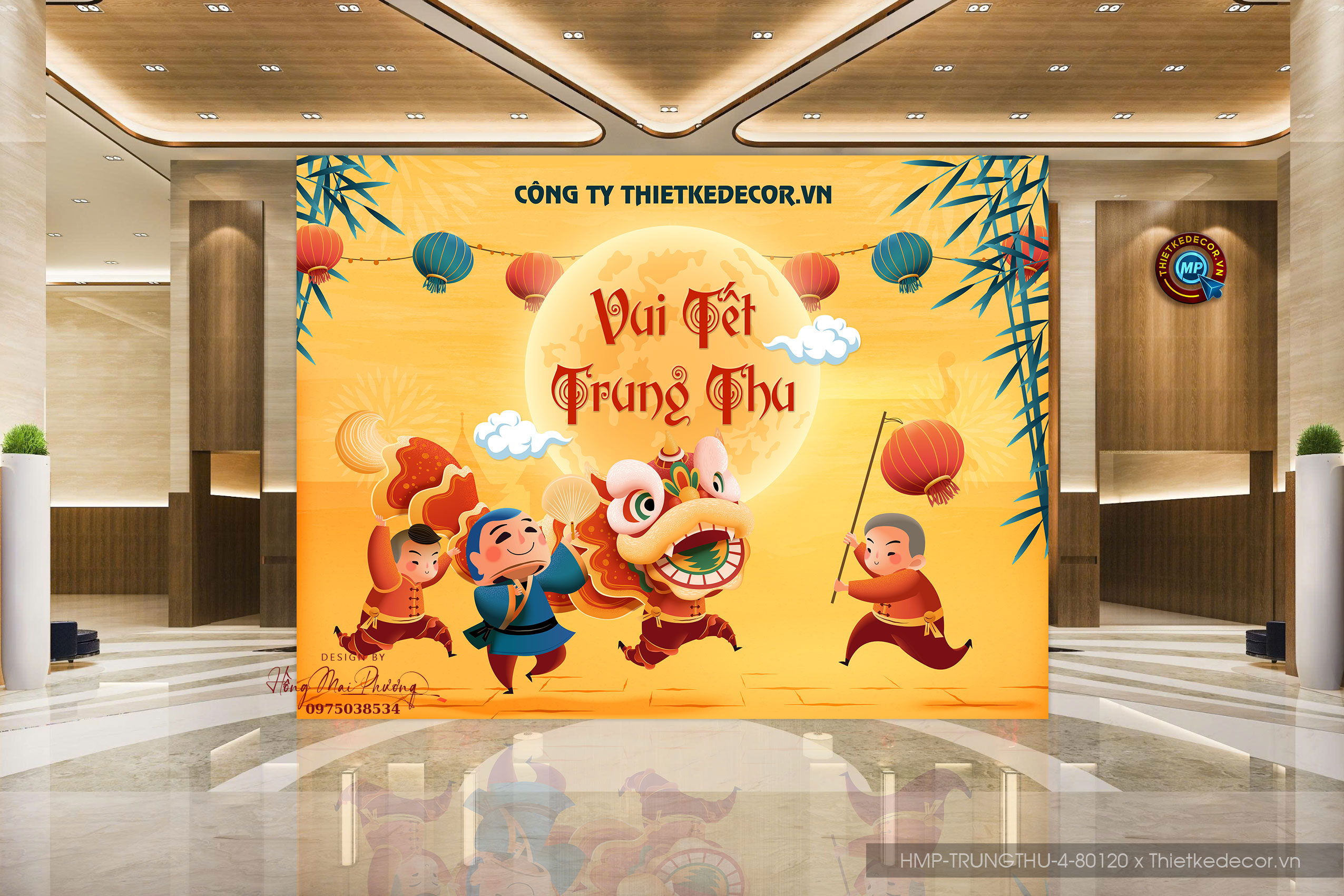 Vui tết trung thu tone vàng. Múa lân dưới ánh trăng.